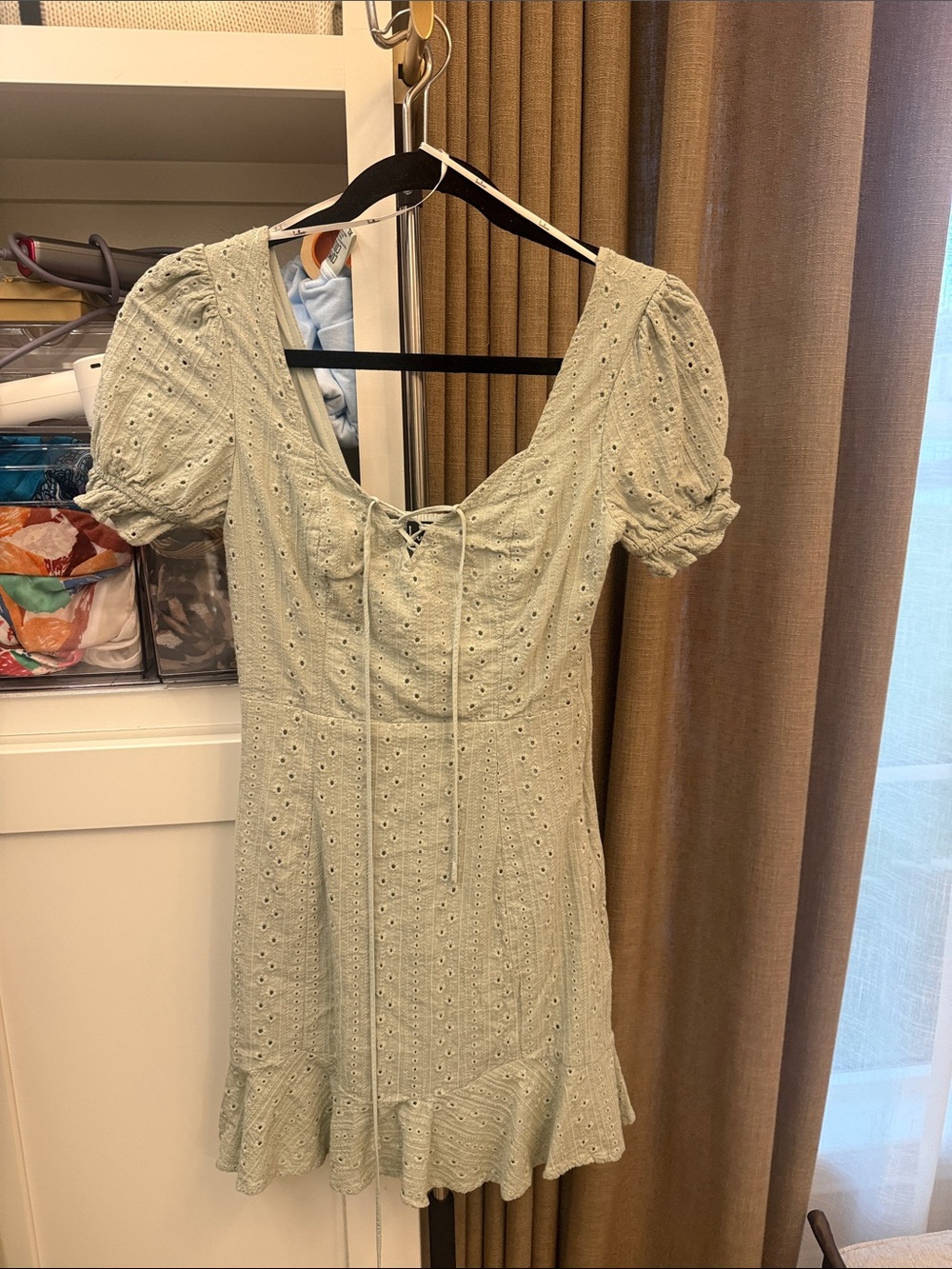 Lulu's Sage Eyelet Lace-Up Puff Sleeve Mini Dress